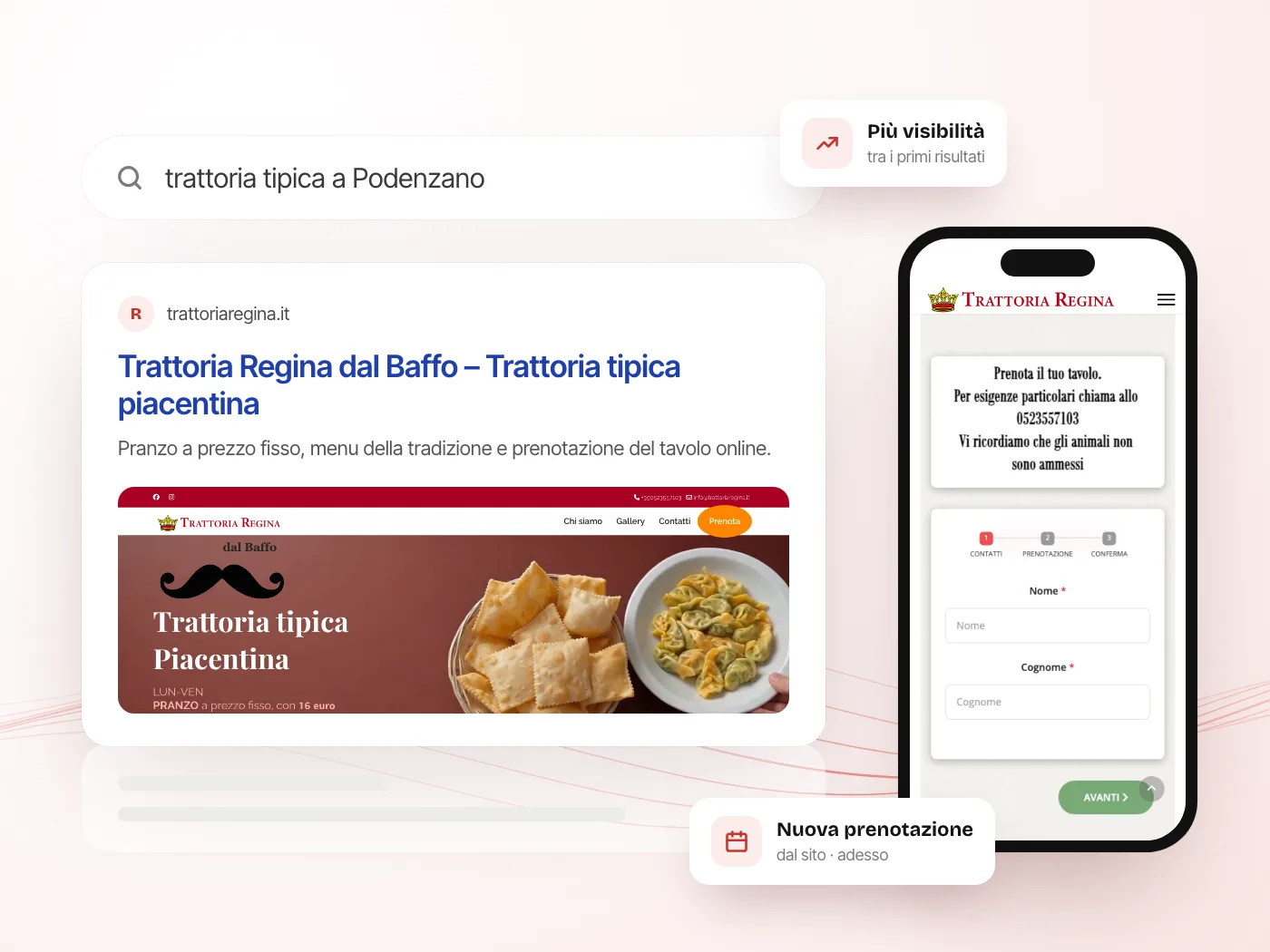 Una ricerca su Google porta al sito della Trattoria Regina dal Baffo e a una nuova prenotazione online