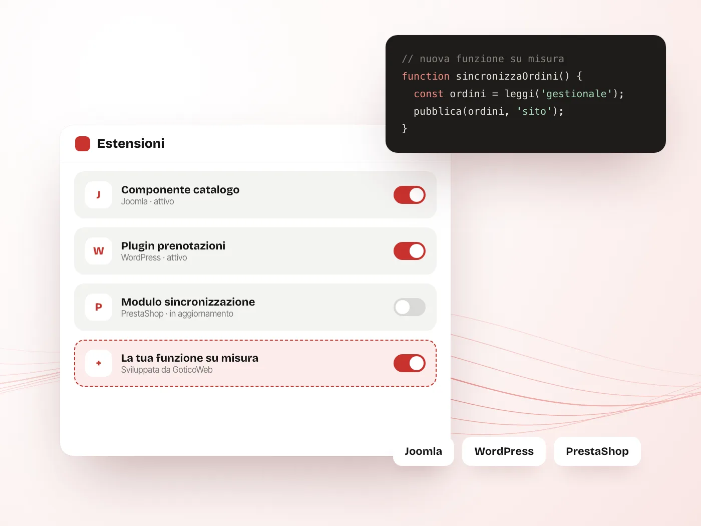 Pannello di estensioni di un CMS con una funzione su misura e un frammento di codice