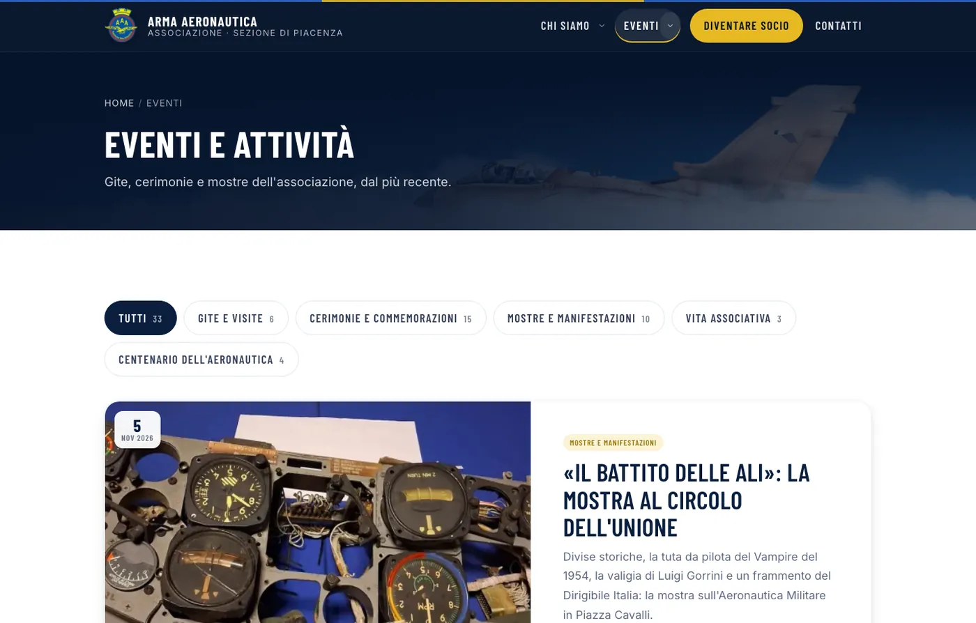 L'archivio degli eventi dell'Associazione Arma Aeronautica di Piacenza