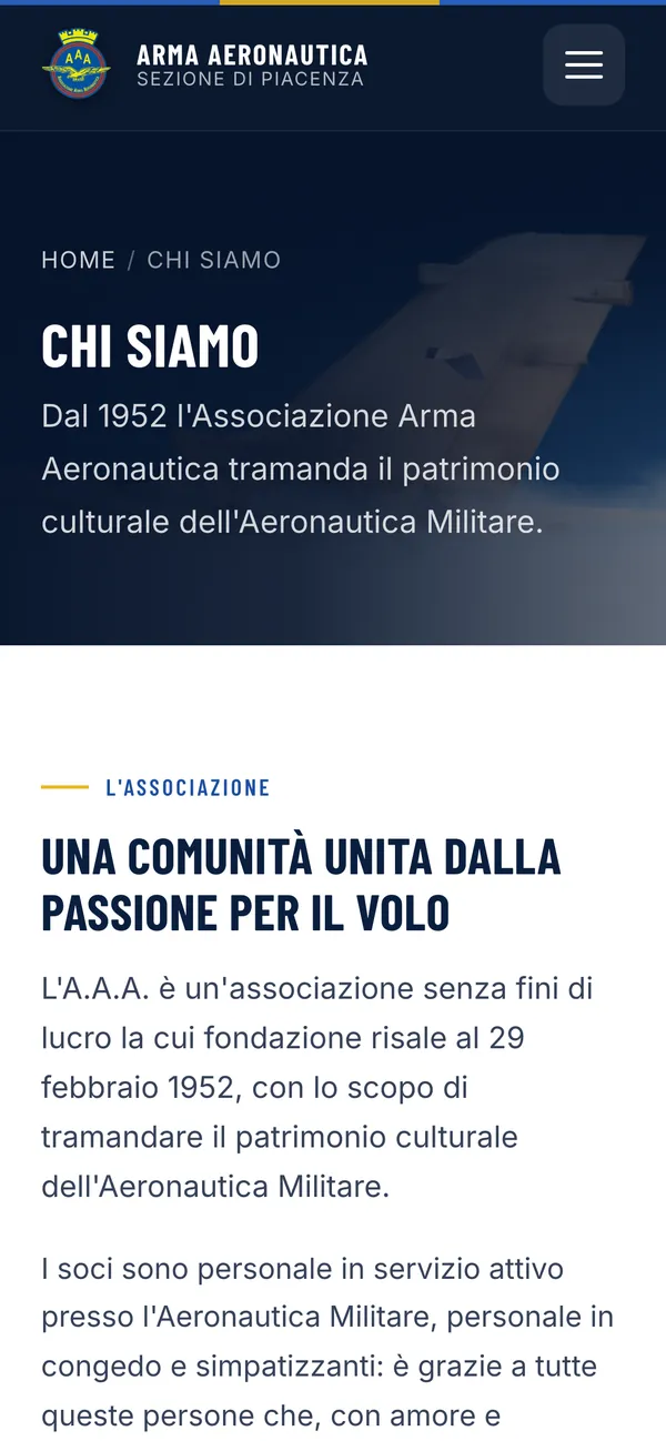 La pagina Chi siamo dell'associazione vista dal telefono