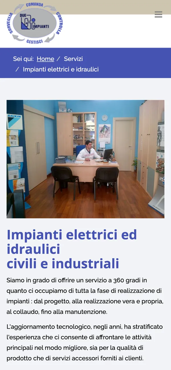 La pagina degli impianti elettrici e idraulici vista dal telefono
