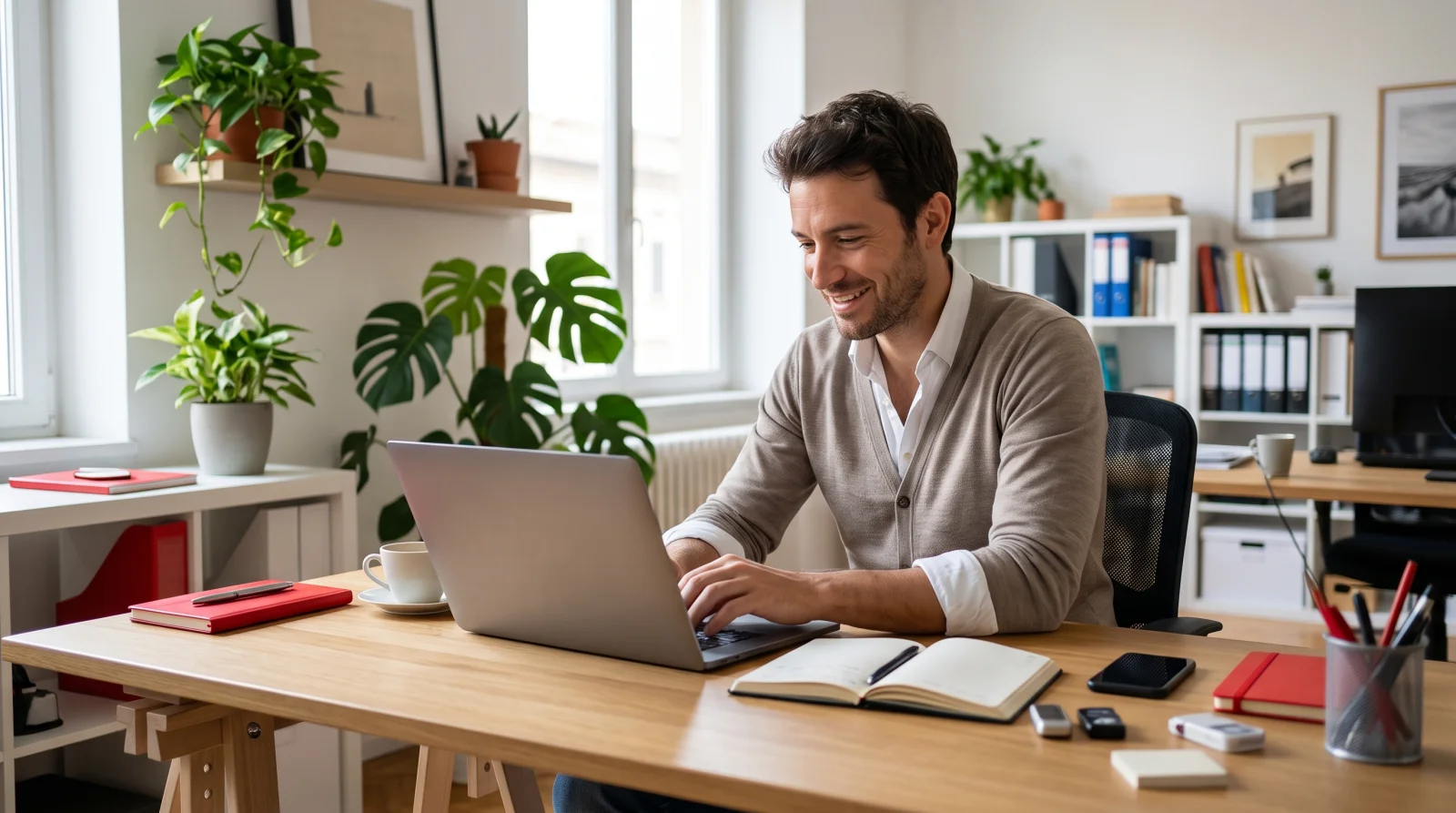 Professionista sorride al portatile mentre usa un assistente digitale alla scrivania del suo studio.