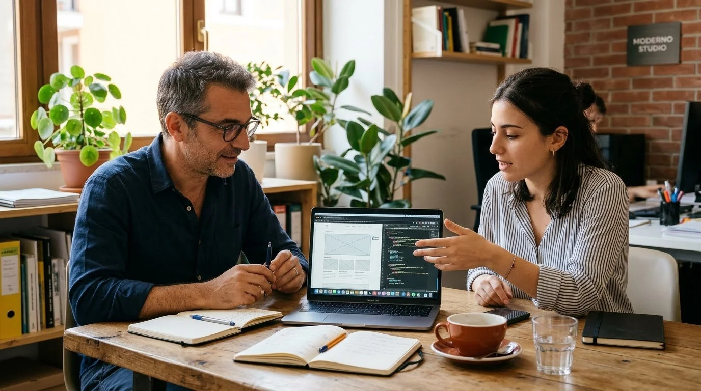 Un uomo e una donna lavorano a un computer portatile aperto su un tavolo di legno in un ufficio luminoso.