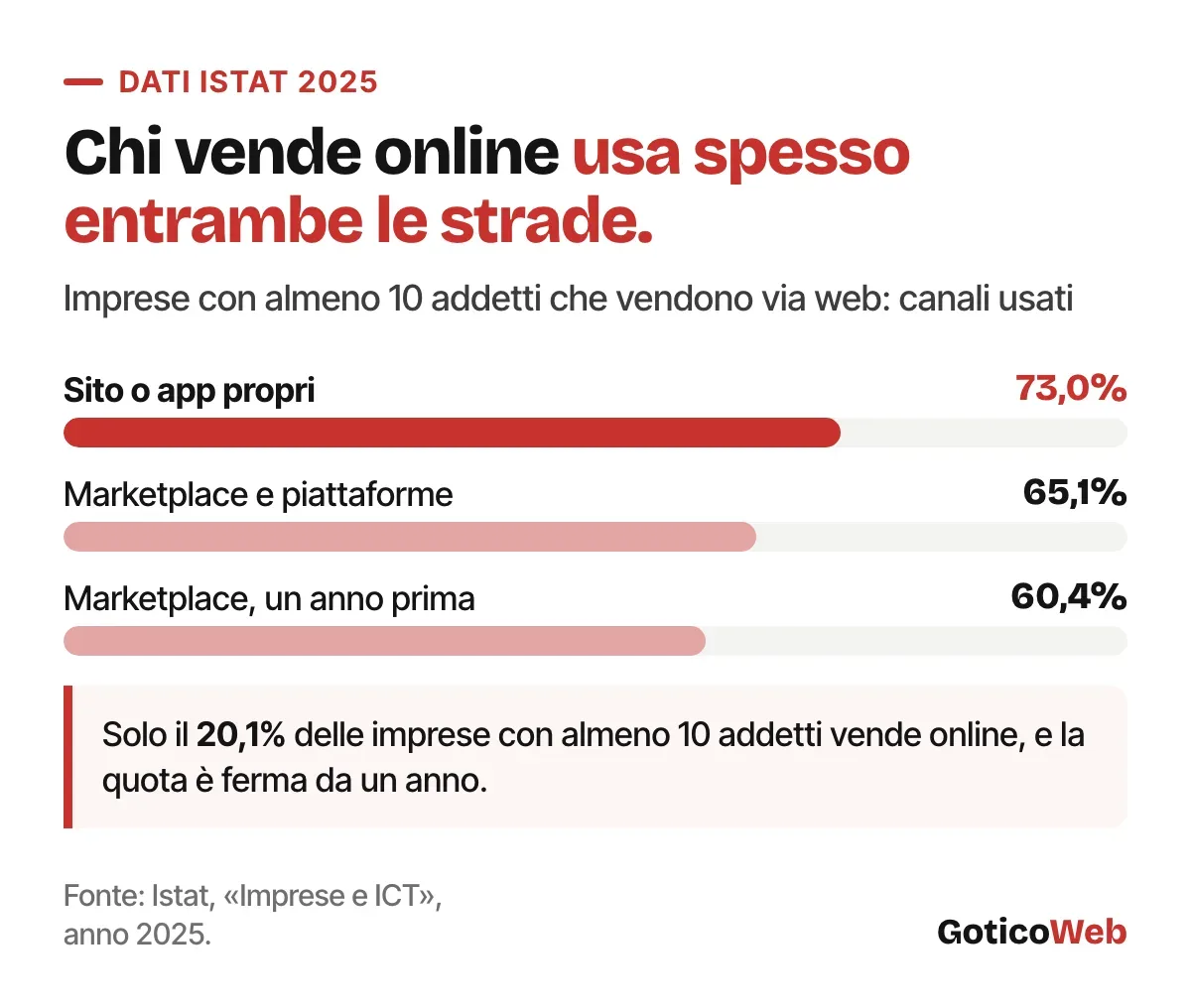 Dati Istat 2025 sulle imprese che vendono via web: il 73% usa un sito o un'app propri, il 65,1% i marketplace (60,4% l'anno prima); vende online solo il 20,1% delle imprese con almeno 10 addetti.