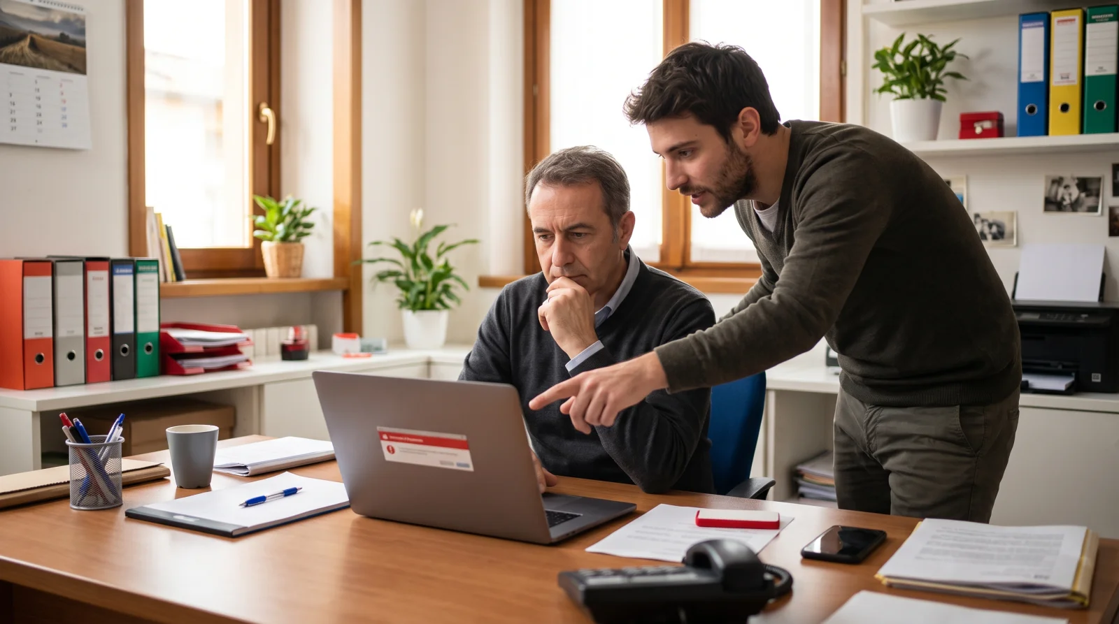 Titolare di una piccola azienda guarda pensieroso un avviso sullo schermo del portatile mentre un collaboratore gli indica il problema.