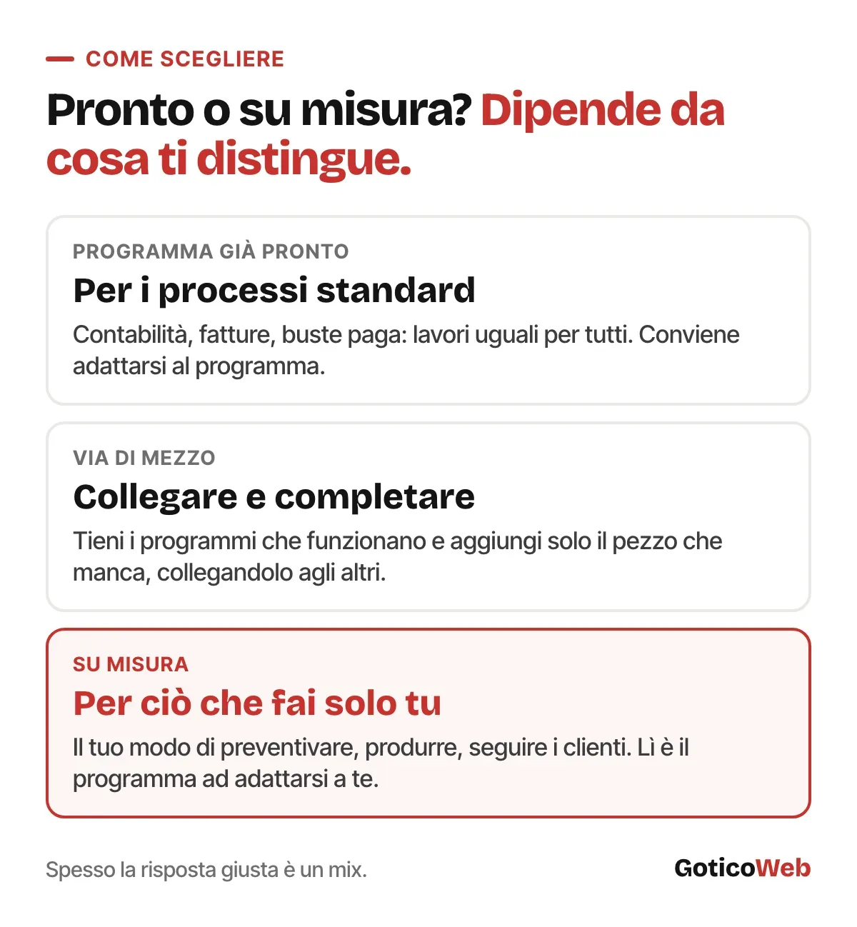 Come scegliere: programma già pronto per i processi standard, via di mezzo per collegare e completare, software su misura per ciò che fai solo tu.