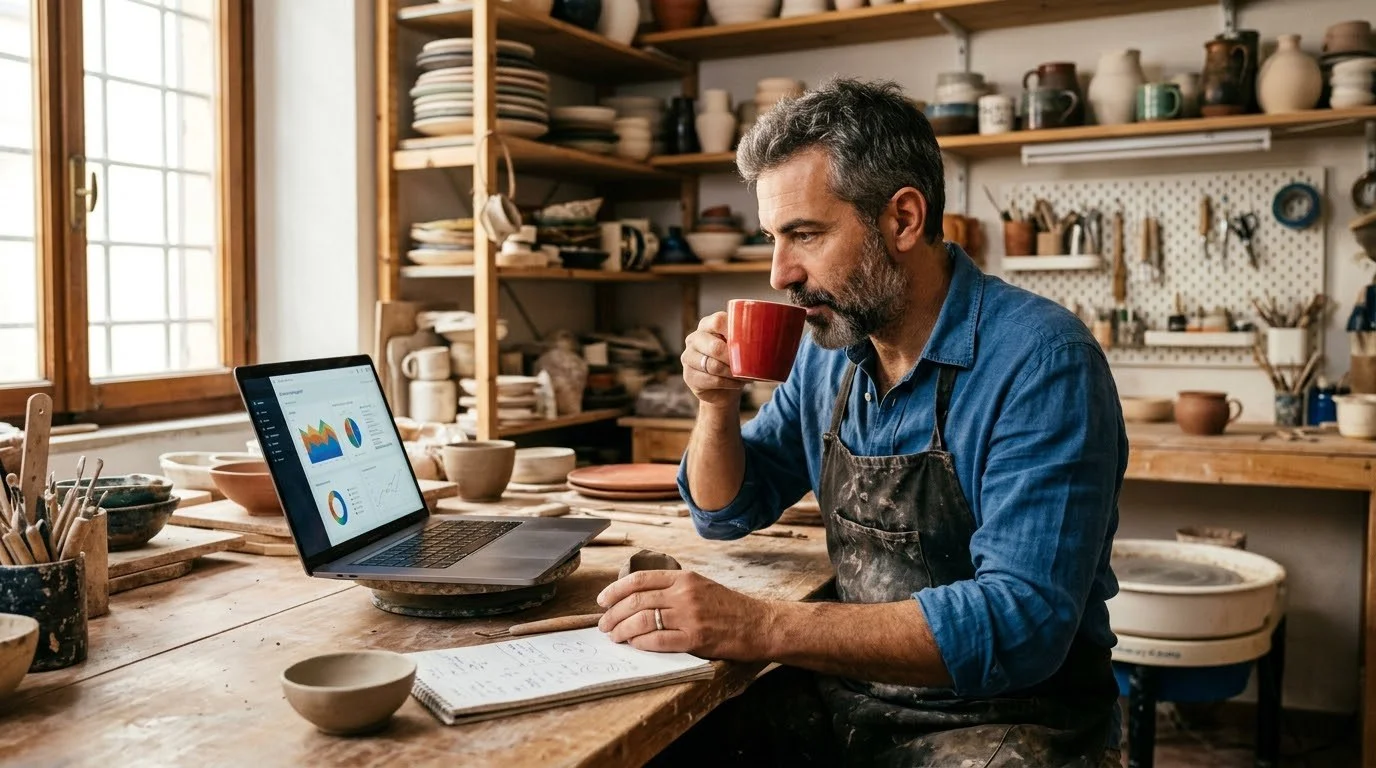 Un artigiano in grembiule beve da una tazza rossa in un laboratorio di ceramica, guardando lo schermo di un computer portatile sul tavolo.