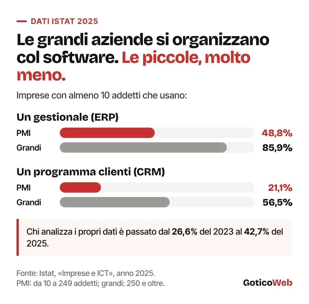 Dati Istat 2025: usa un gestionale ERP il 48,8% delle PMI contro l'85,9% delle grandi imprese; un CRM il 21,1% contro il 56,5%; chi analizza i propri dati passa dal 26,6% al 42,7%.